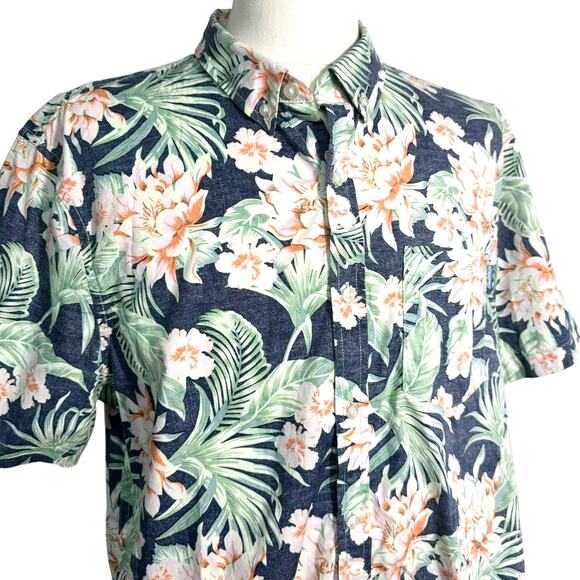 CHUBBIES Men's XL Blue Pink Floral‎ Hawaiian Aloha Tropical Palm Button Up Shirt - Picture 1 of 7